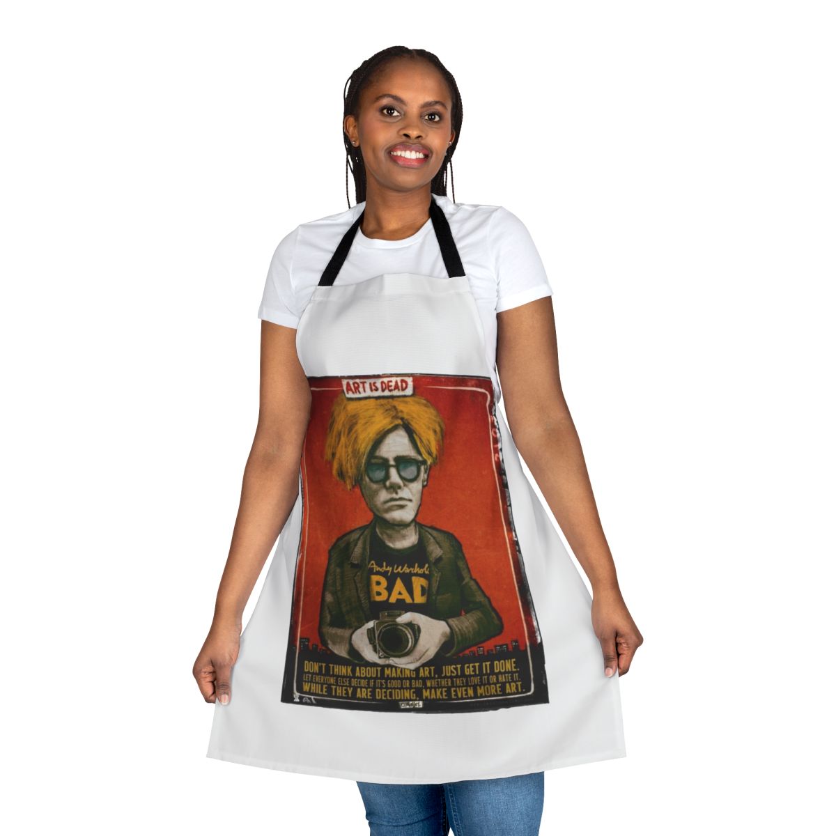 Pop art-inspired apron featuring a graphic design inspired by the iconic works of artist Andy Warhol