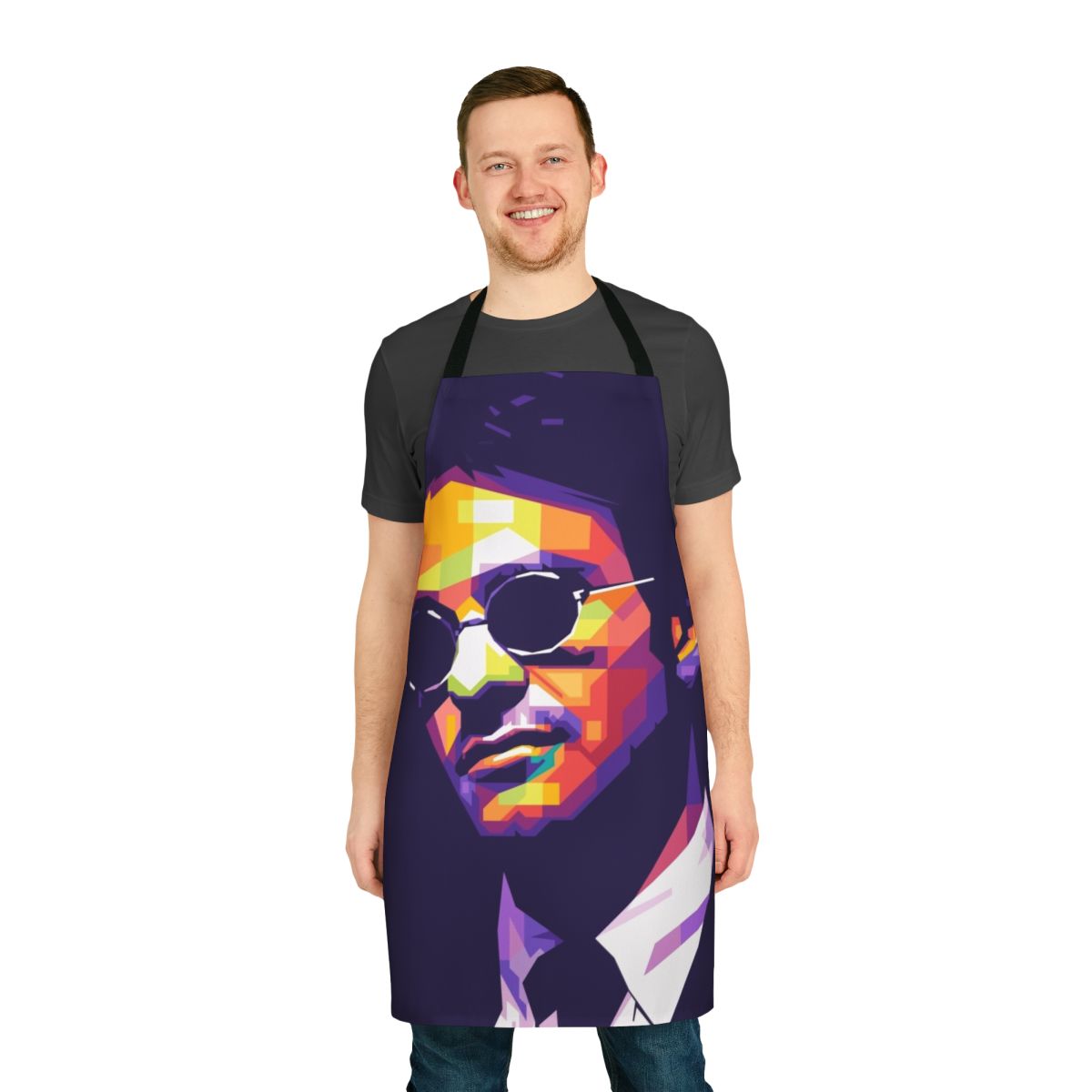 "Vibrant pop art style portrait of Daredevil character Matt Murdock on an apron"