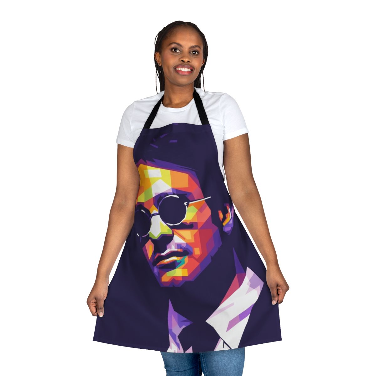 "Vibrant pop art style portrait of Daredevil character Matt Murdock on an apron"