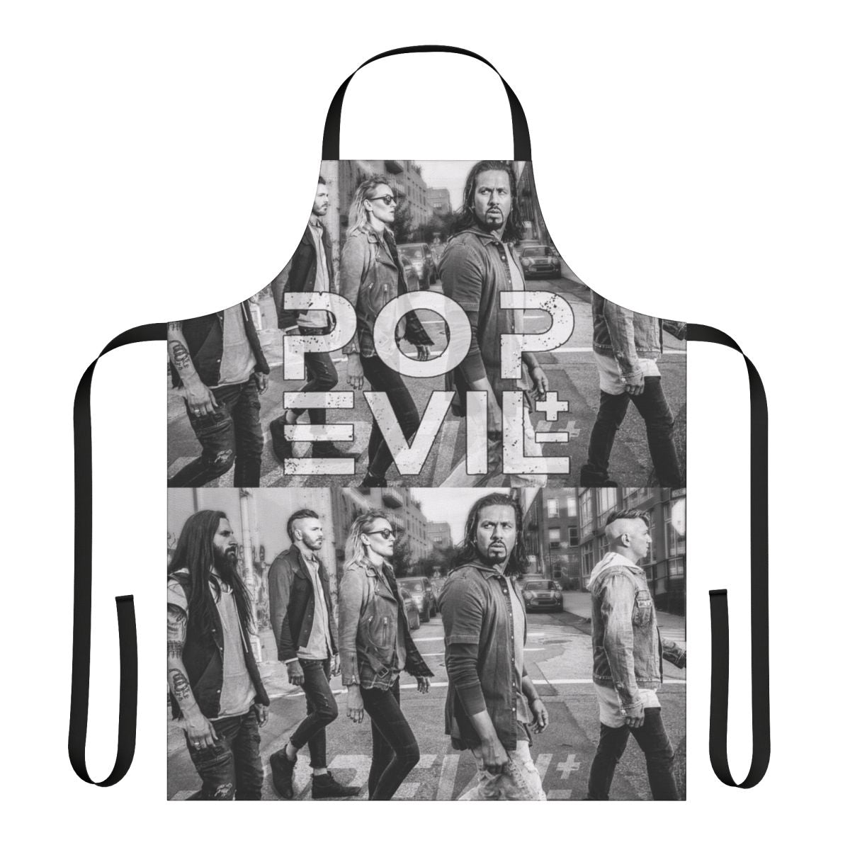 Pop Evil concert-themed apron with band logo