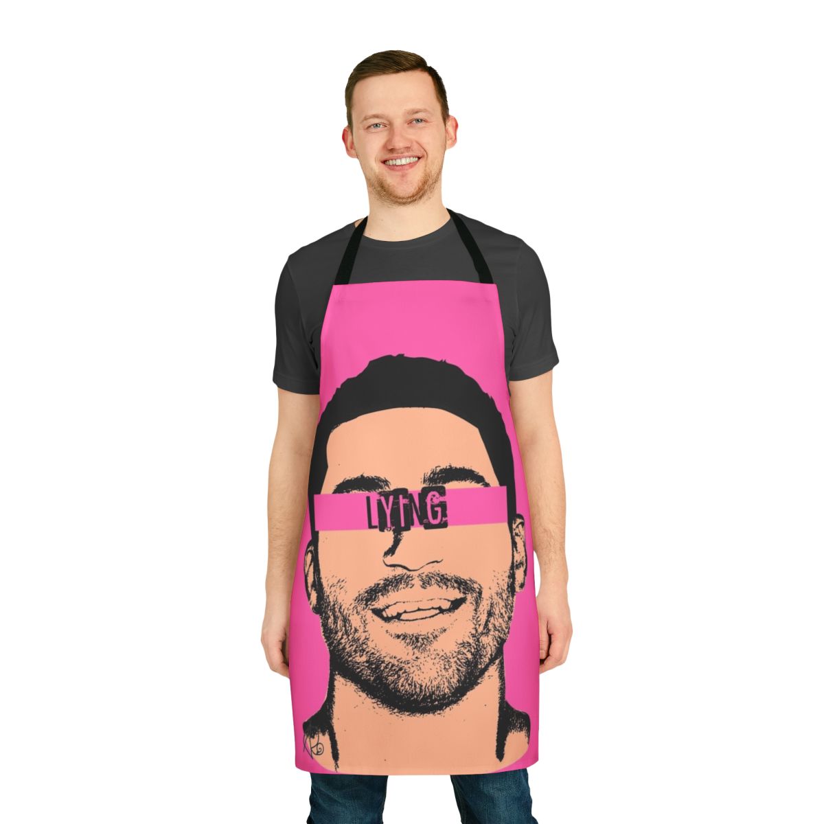 Popactor-themed apron with rainbow colors and LGBTQ+ imagery