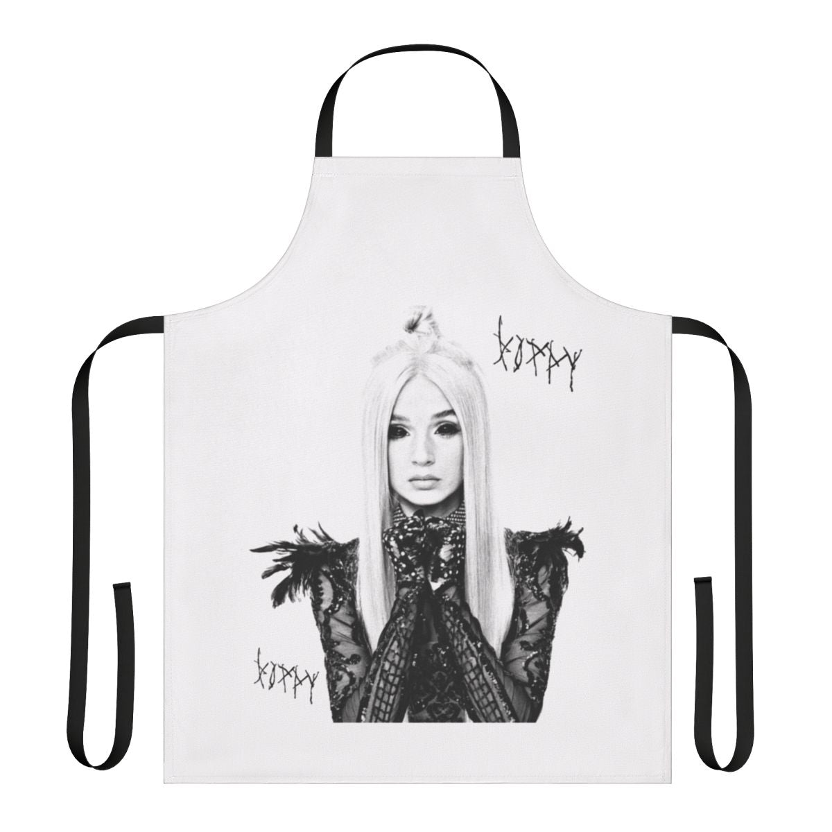 Poppy-inspired apron with music, industrial, and pop art design elements