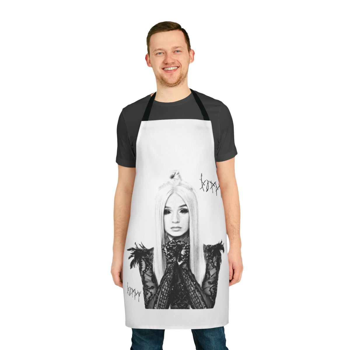Poppy-inspired apron with music, industrial, and pop art design elements