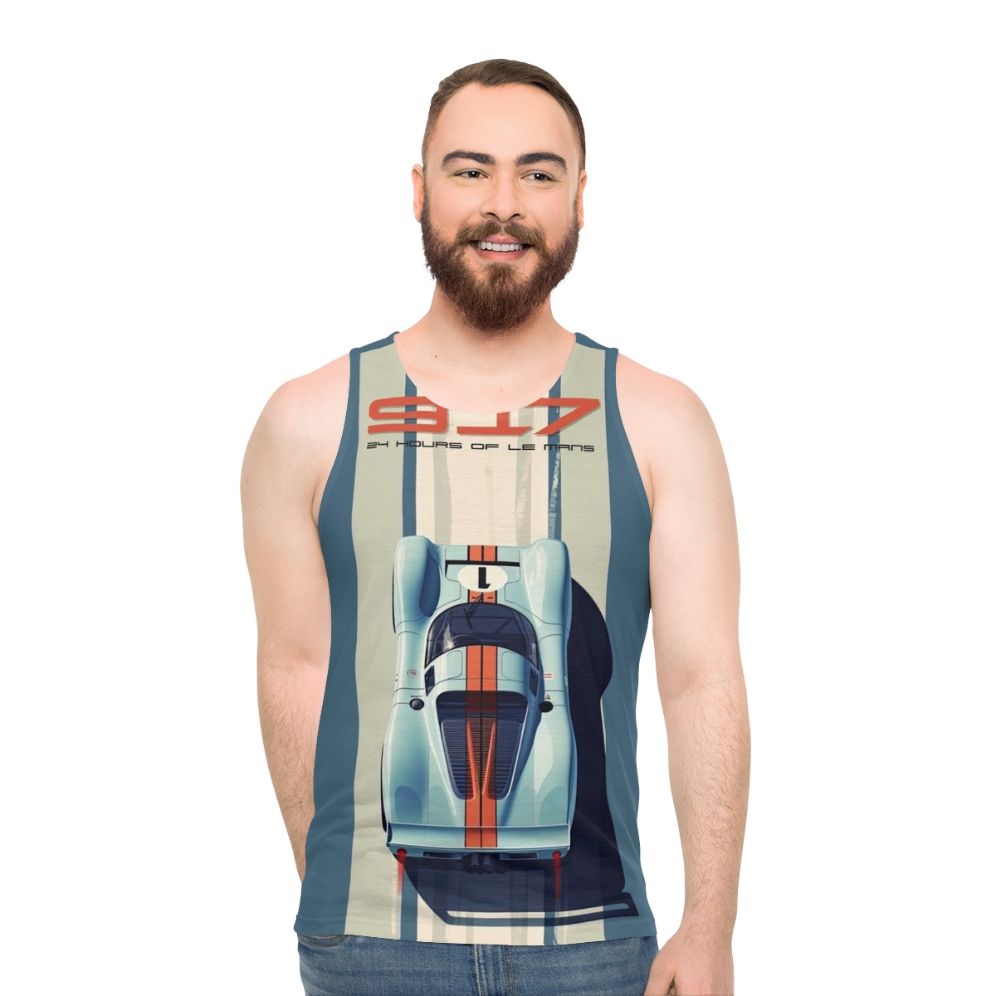 Porsche 917 race car in vintage Martini Racing livery on unisex tank top