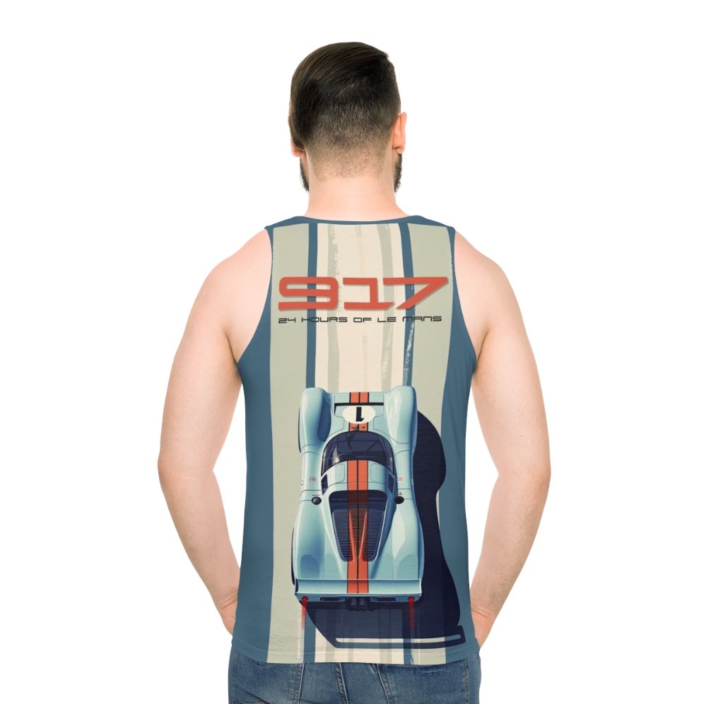 Porsche 917 race car in vintage Martini Racing livery on unisex tank top