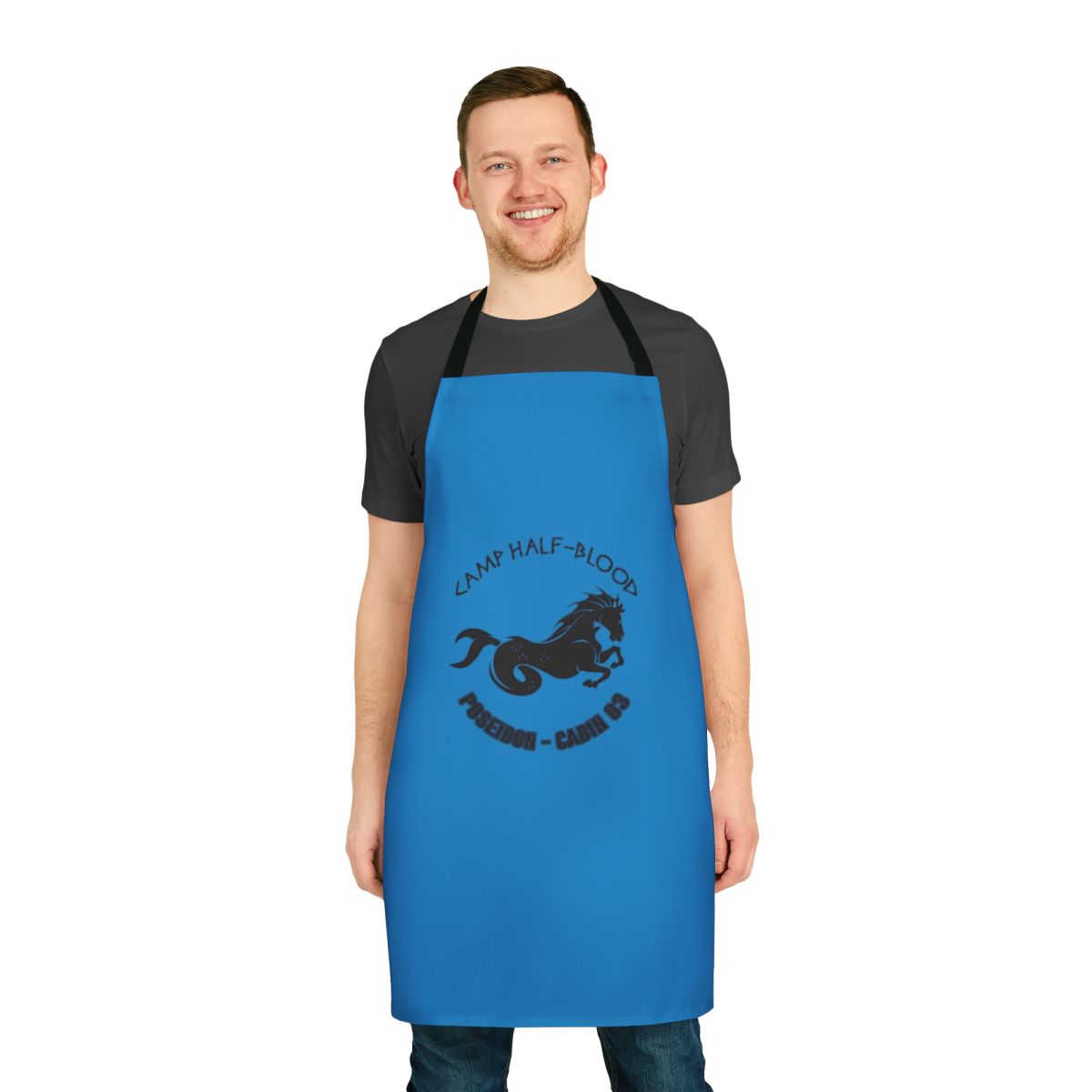 Poseidon-themed apron with trident and waves design