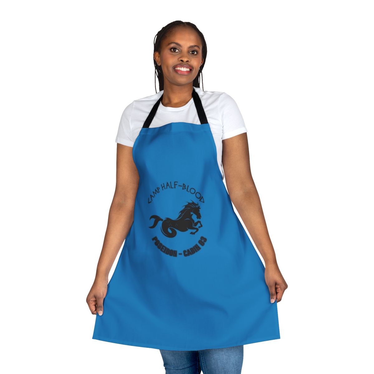 Poseidon-themed apron with trident and waves design