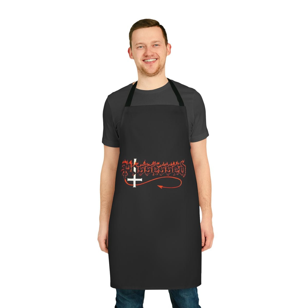Possessed band-themed apron with gothic and horror band design