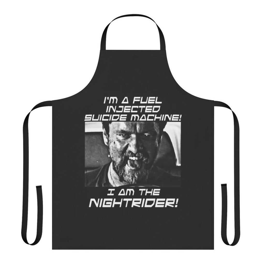 A black apron with a post-apocalyptic, automotive-themed design