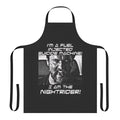 A black apron with a post-apocalyptic, automotive-themed design