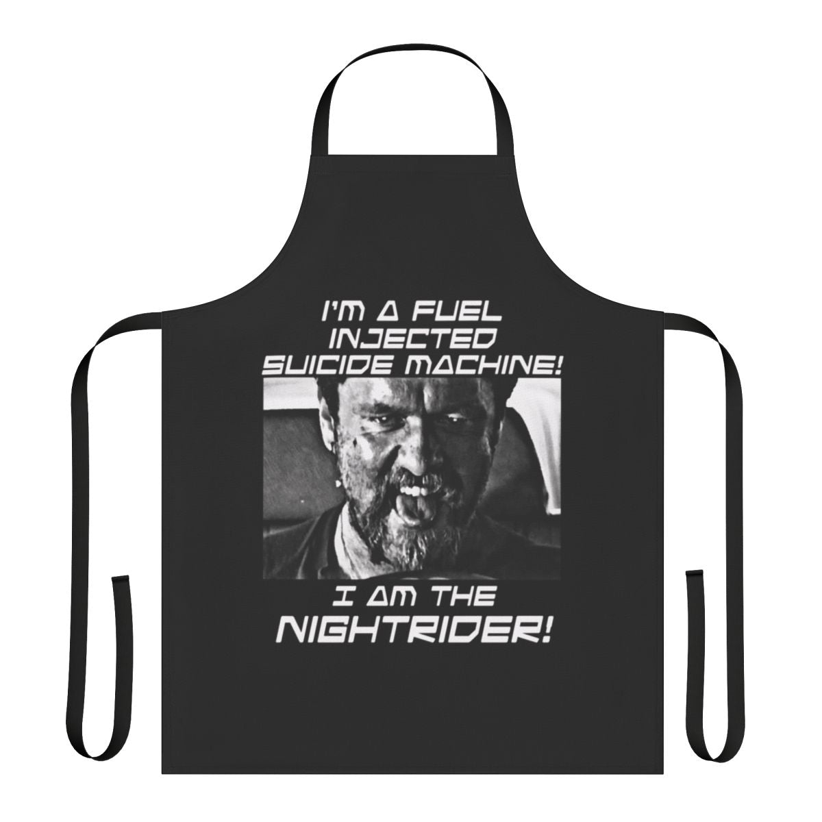 A black apron with a post-apocalyptic, automotive-themed design