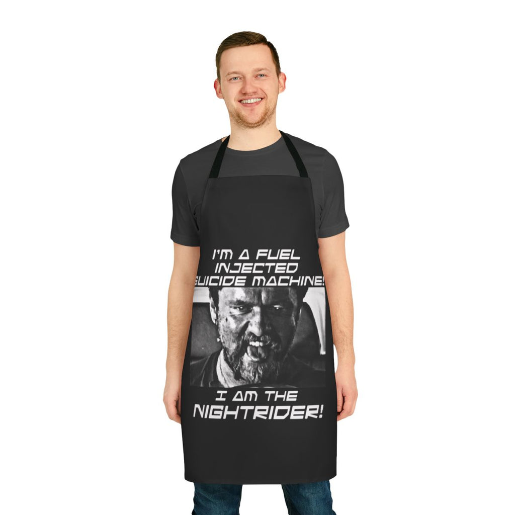 A black apron with a post-apocalyptic, automotive-themed design