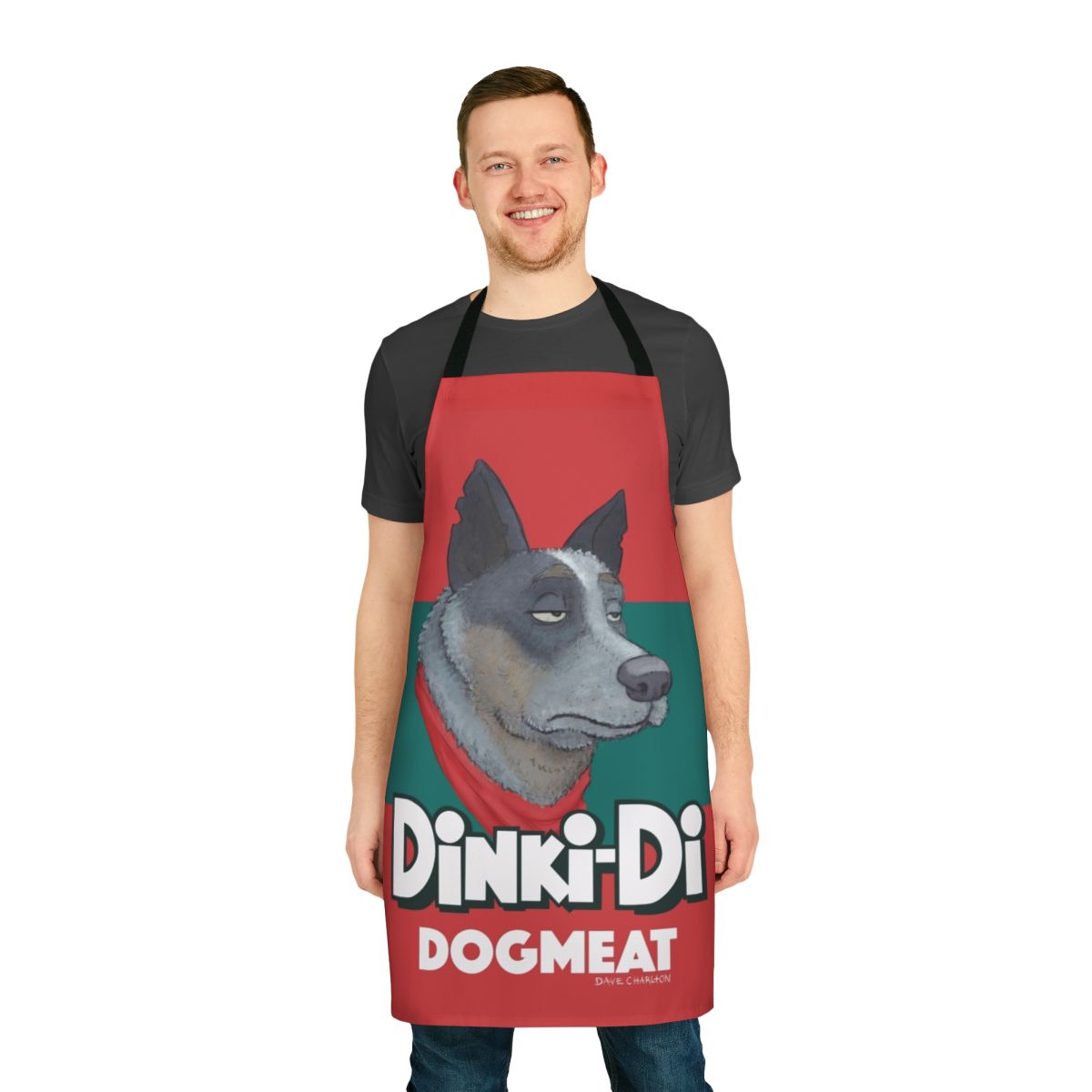 A durable, post-apocalyptic-themed apron featuring an Australian cattle dog or blue heeler design.