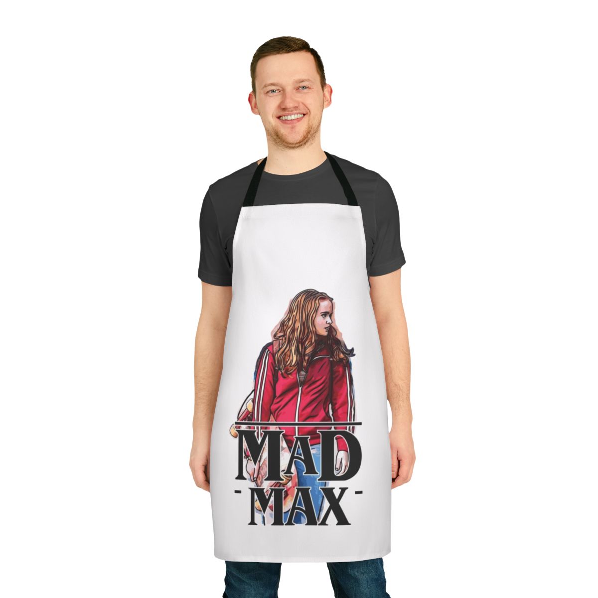 Post-apocalyptic dystopian apron with Stranger Things-inspired graphic design