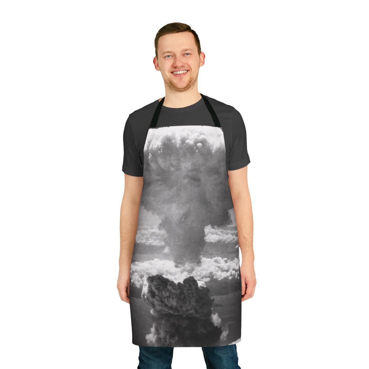 Post-apocalyptic apron featuring a mushroom cloud design, ideal for fans of nuclear disaster themes and dystopian fashion.