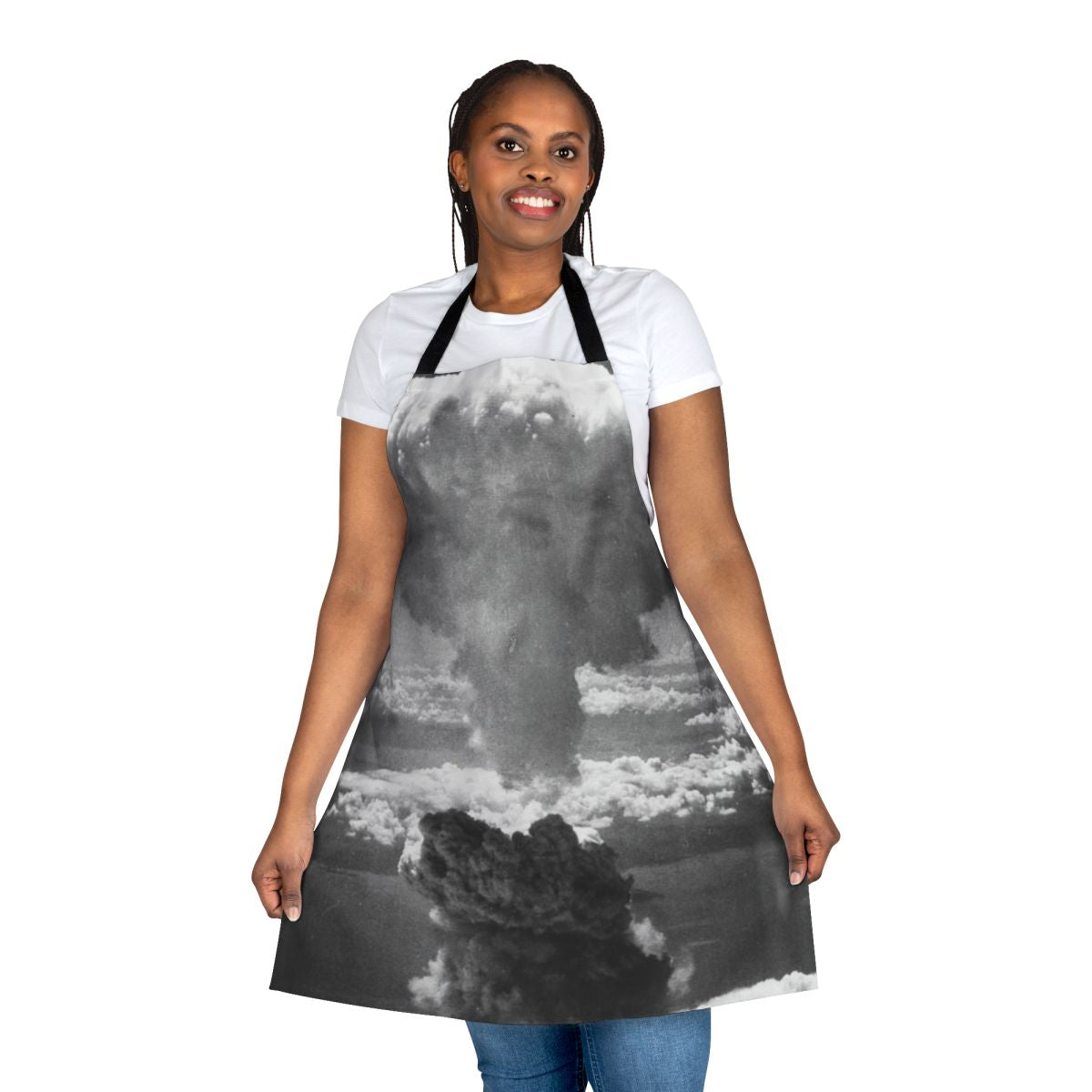 Post-apocalyptic apron featuring a mushroom cloud design, ideal for fans of nuclear disaster themes and dystopian fashion.