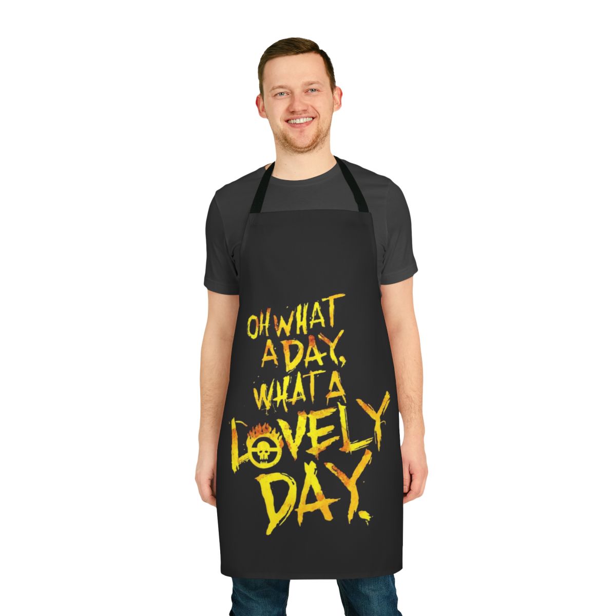Post-apocalyptic themed apron with "What a Lovely Day" quote from the movie Mad Max: Fury Road