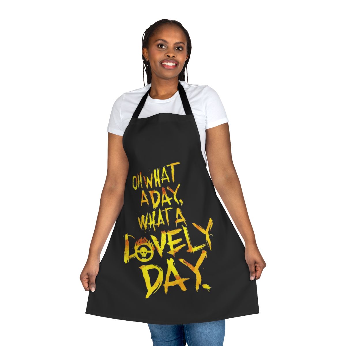 Post-apocalyptic themed apron with "What a Lovely Day" quote from the movie Mad Max: Fury Road