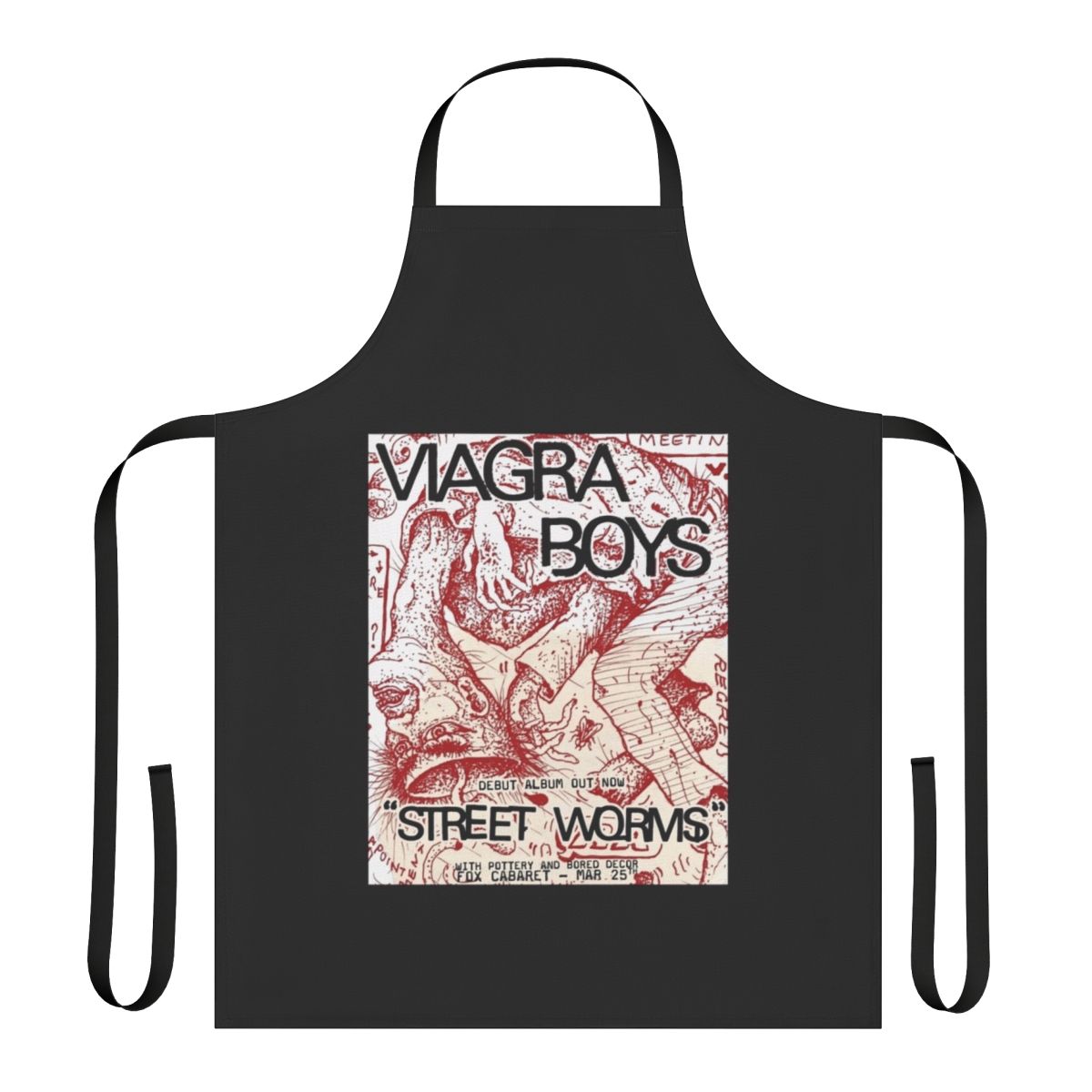"Stylish apron featuring the Viagra Boys 'Street Worms' band logo and design"