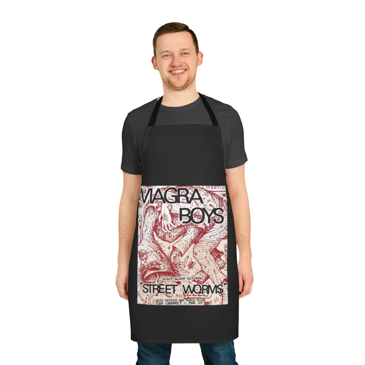"Stylish apron featuring the Viagra Boys 'Street Worms' band logo and design"