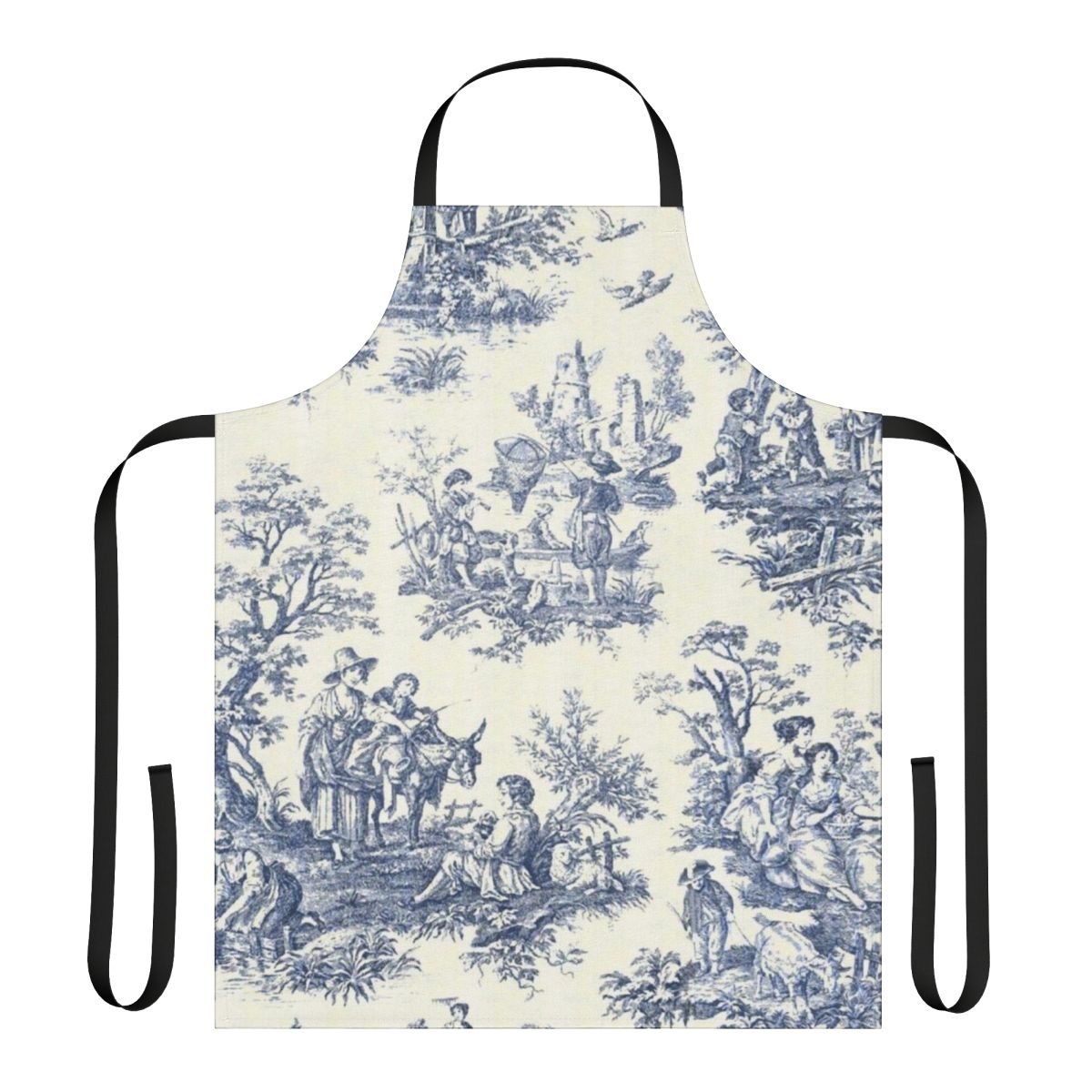 Powder blue vintage-style floral toile design apron with bonsai tree and artsy illustrations