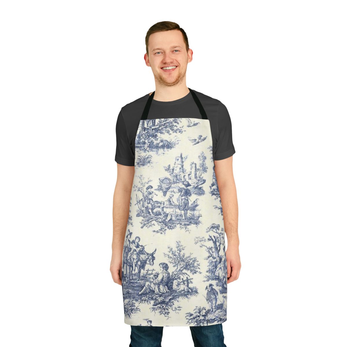 Powder blue vintage-style floral toile design apron with bonsai tree and artsy illustrations