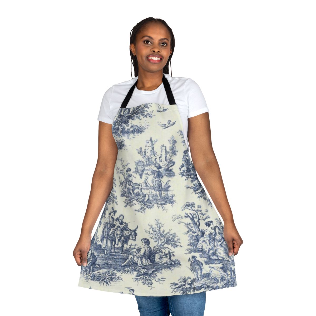 Powder blue vintage-style floral toile design apron with bonsai tree and artsy illustrations