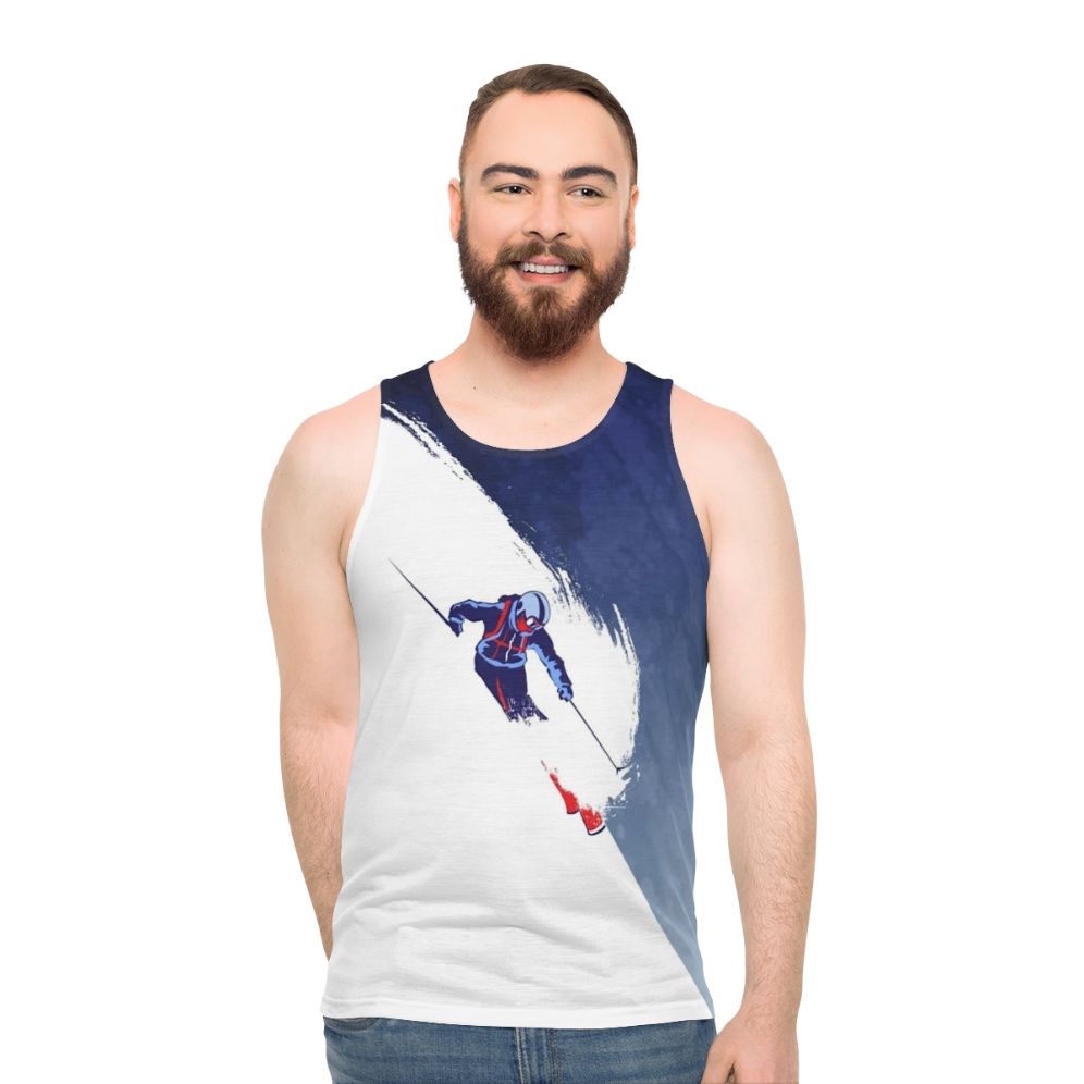 Powder skiing unisex tank top with retro ski art and inspirational design
