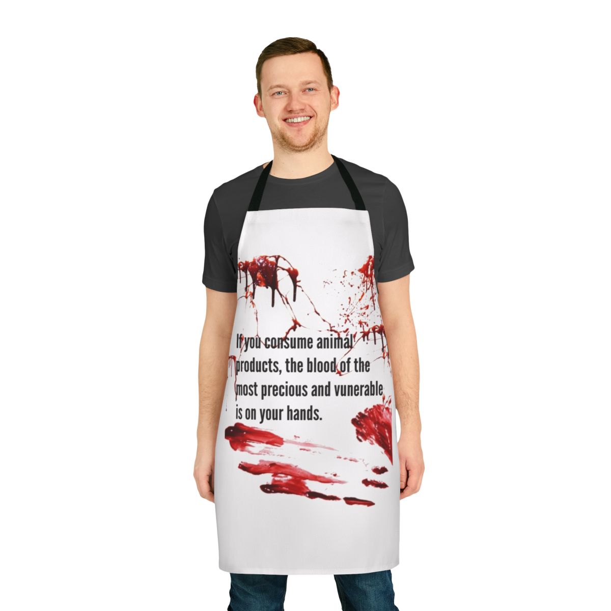 Apron with the text "Blood Is On Your Hands" as a statement on animal rights and activism