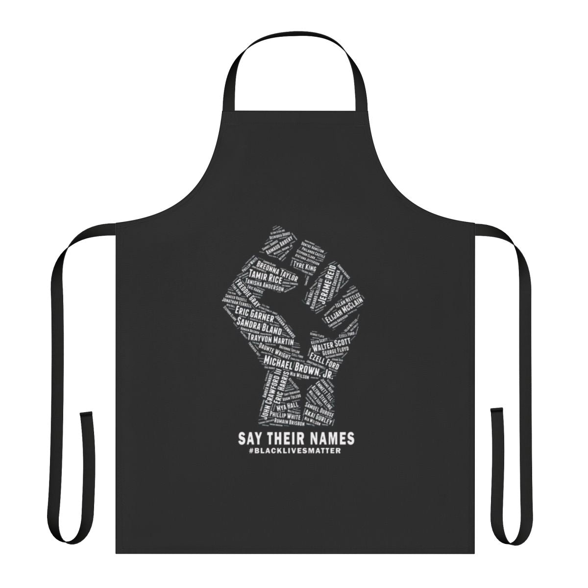 A black apron with the text "Black Lives Matter" and a black power fist design.