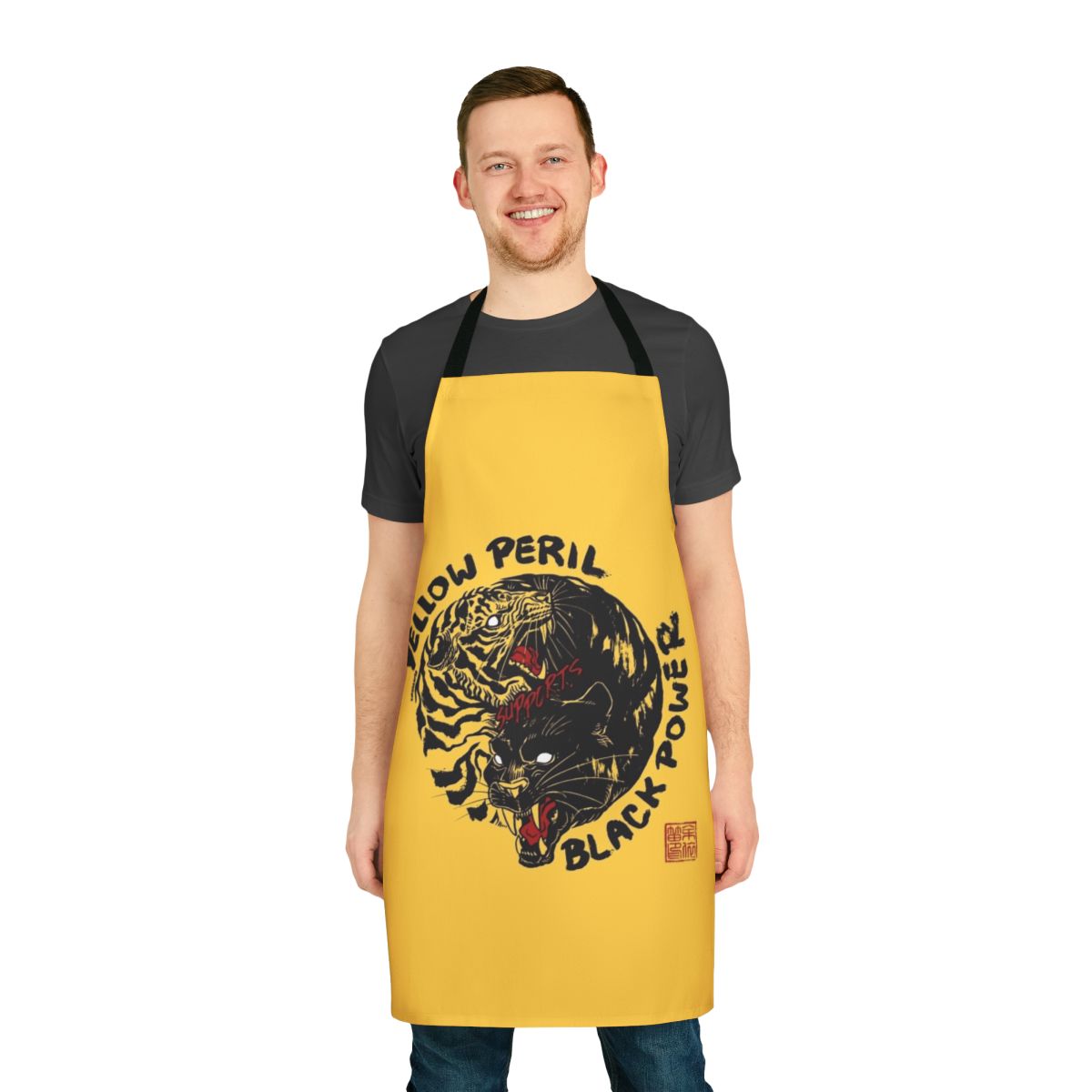 Black power apron with tiger and panther graphics, representing black empowerment and solidarity
