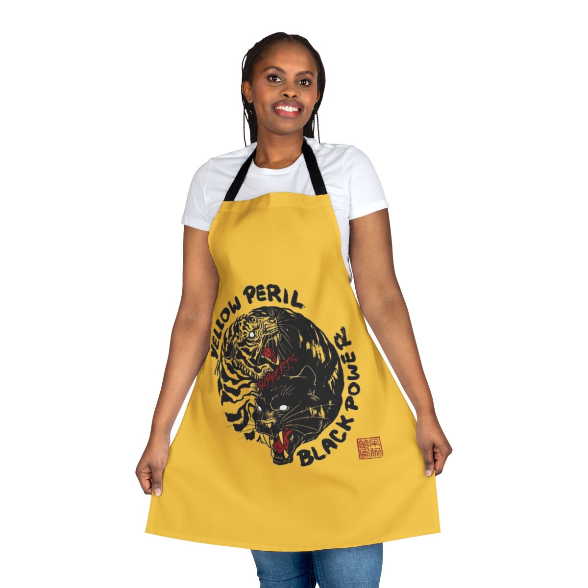 Black power apron with tiger and panther graphics, representing black empowerment and solidarity