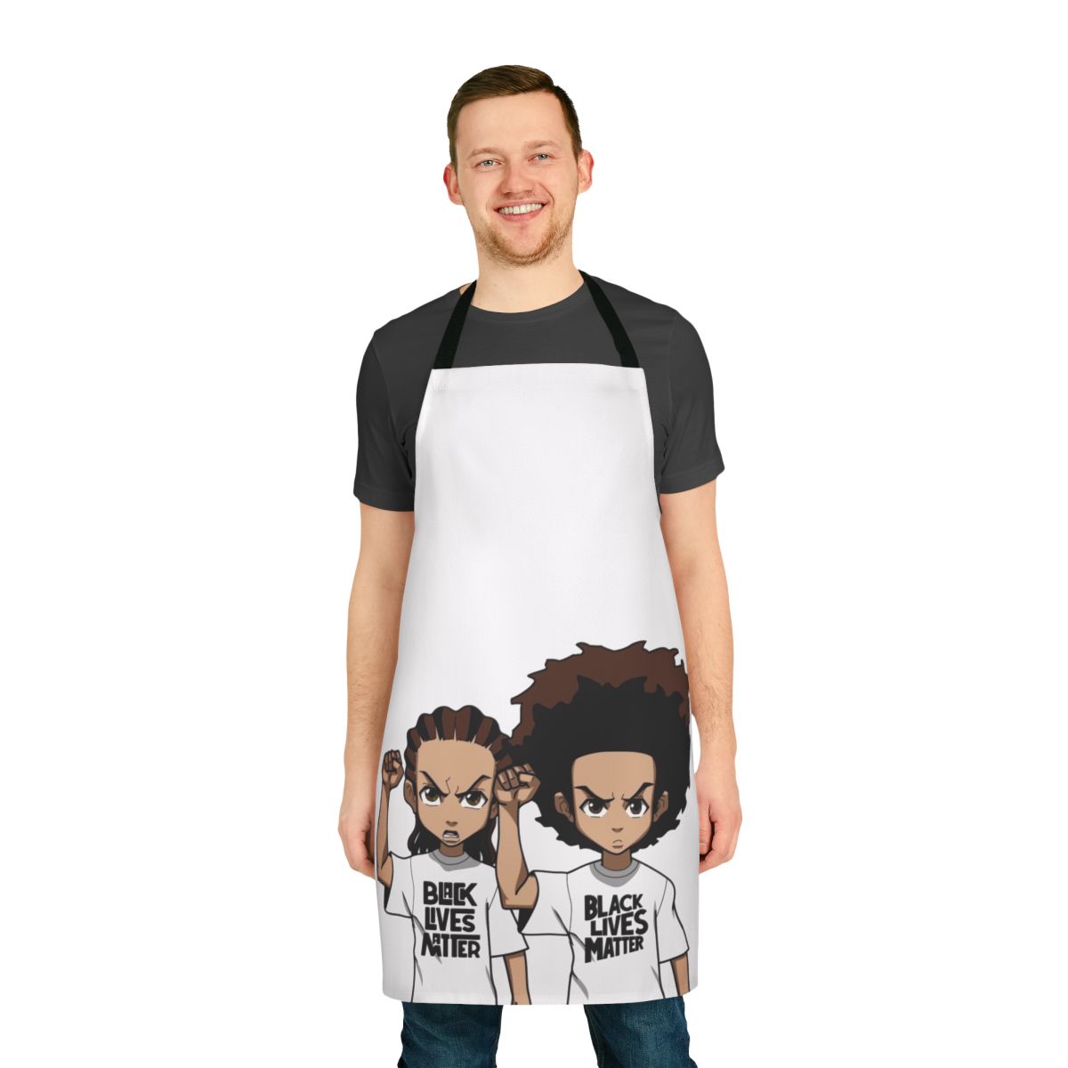 Apron featuring a black power fist design in the style of the Boondocks TV show
