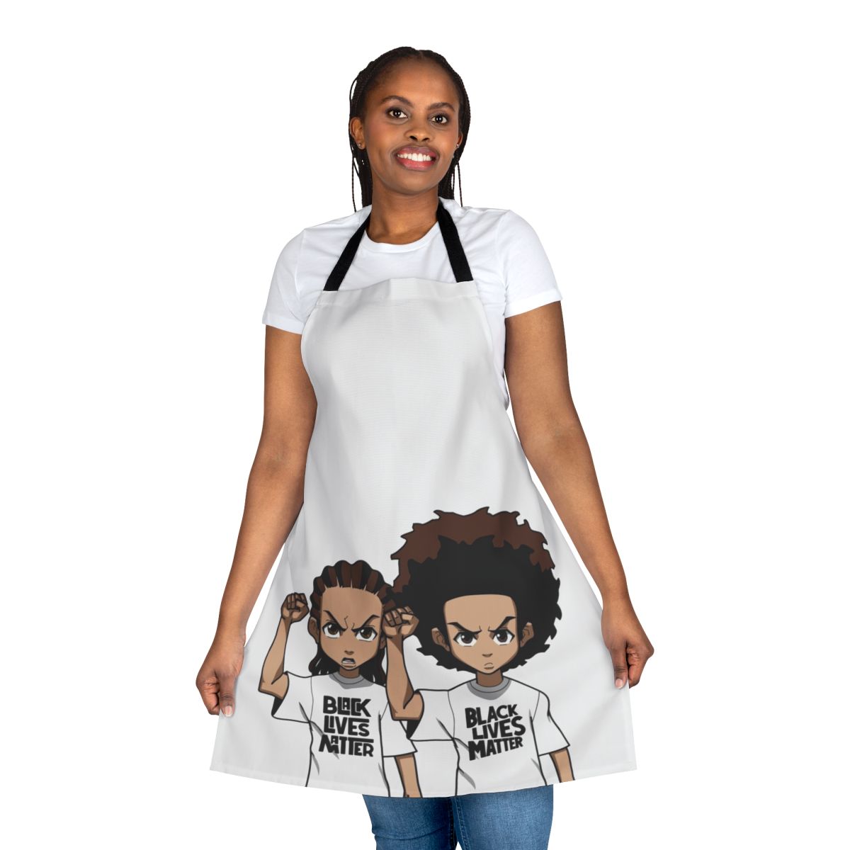 Apron featuring a black power fist design in the style of the Boondocks TV show