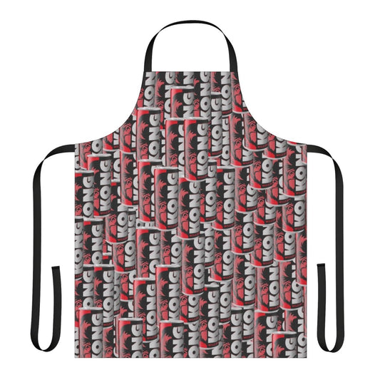 A durable apron with a bold Kong Strong energy drink design