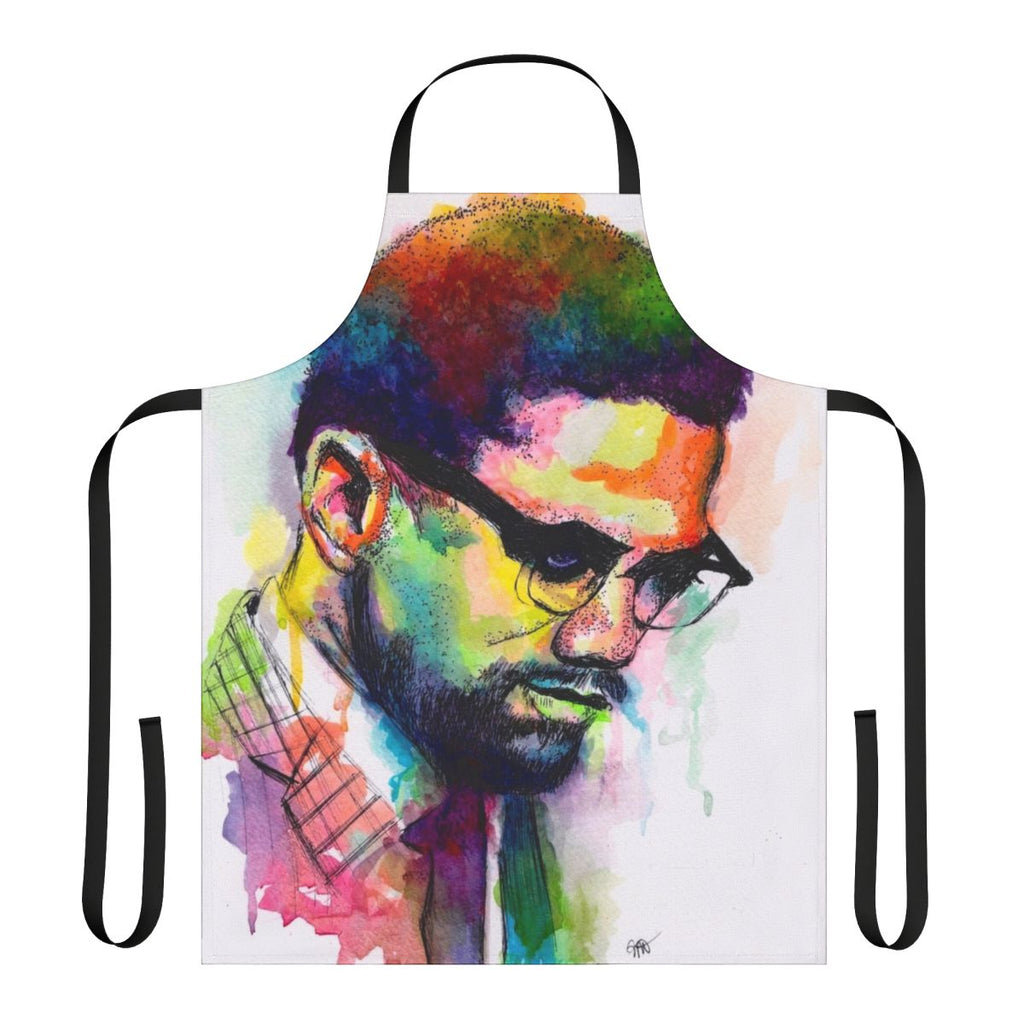 Black and white portrait of Malcolm X printed on an apron