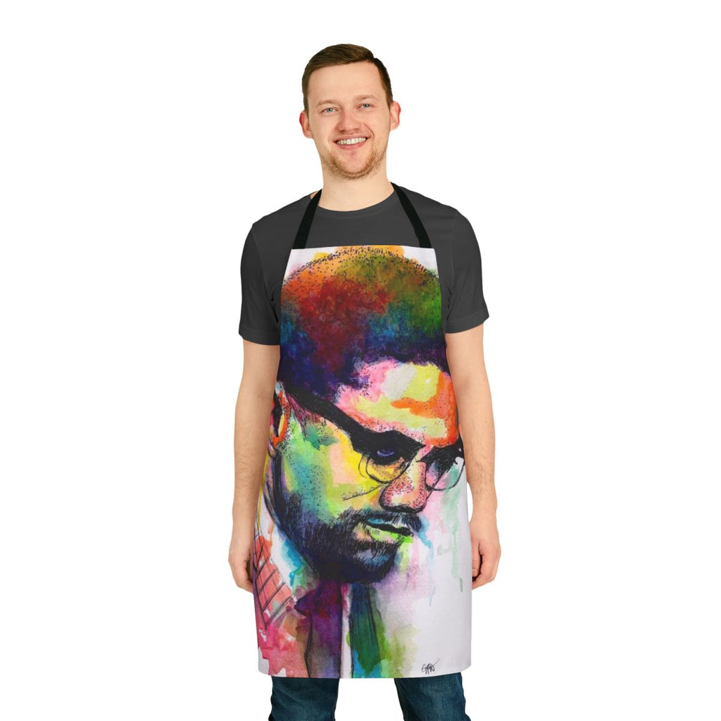 Black and white portrait of Malcolm X printed on an apron