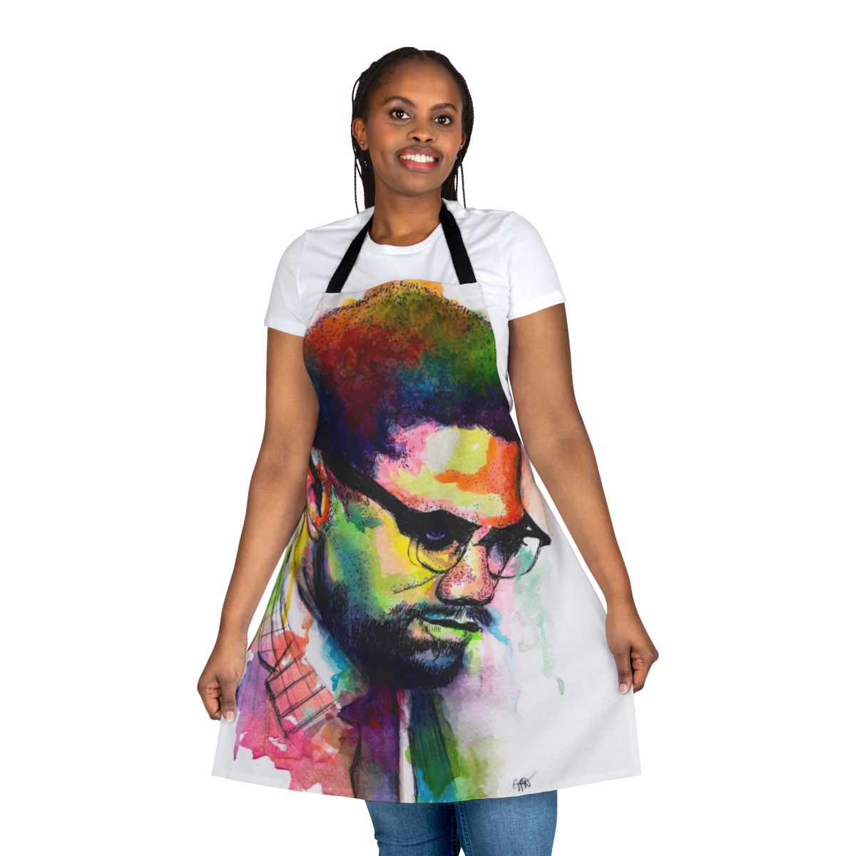 Black and white portrait of Malcolm X printed on an apron