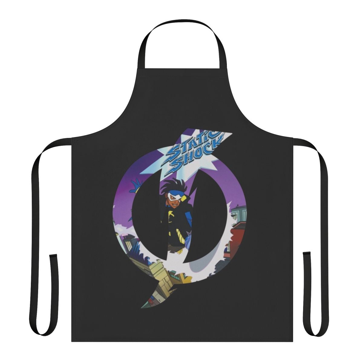 A black apron featuring a stylized lightning bolt design, inspired by the classic DC Comics superhero Static Shock.