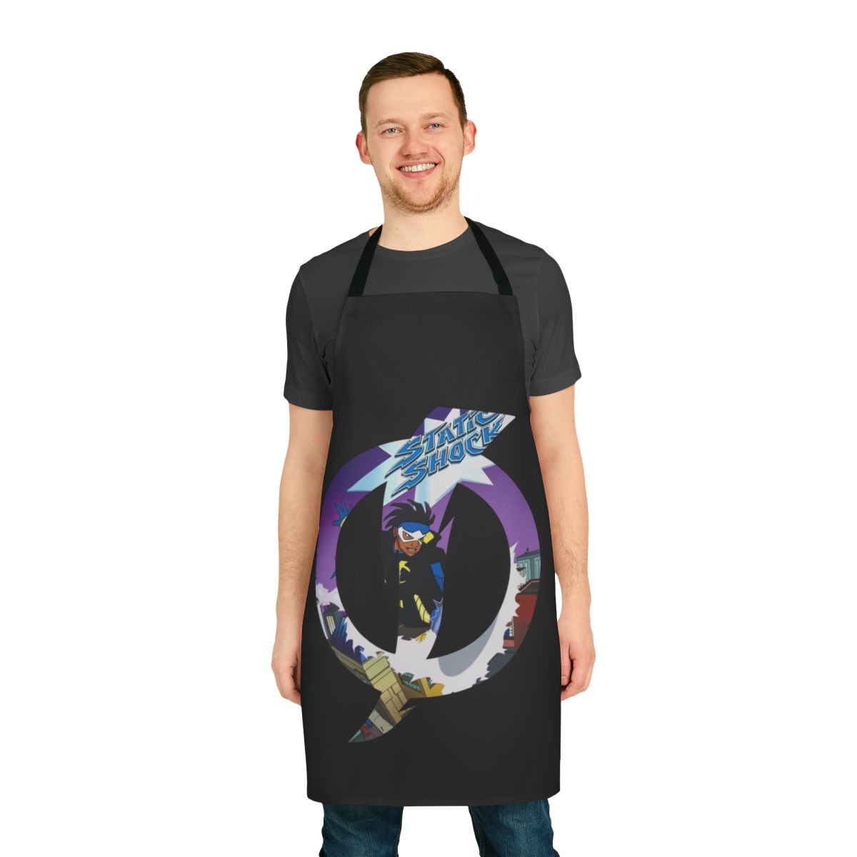 A black apron featuring a stylized lightning bolt design, inspired by the classic DC Comics superhero Static Shock.