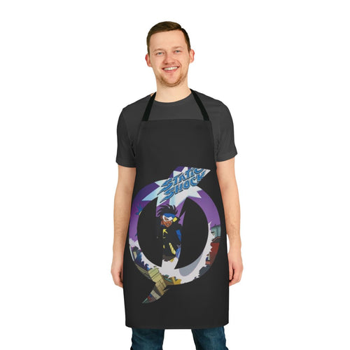 A black apron featuring a stylized lightning bolt design, inspired by the classic DC Comics superhero Static Shock.
