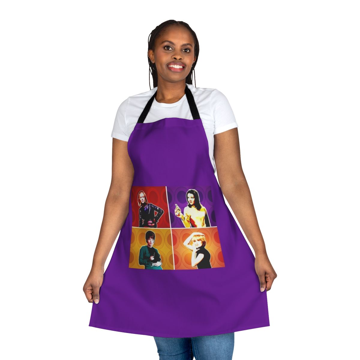 Retro apron featuring iconic female characters from vintage adventure TV series