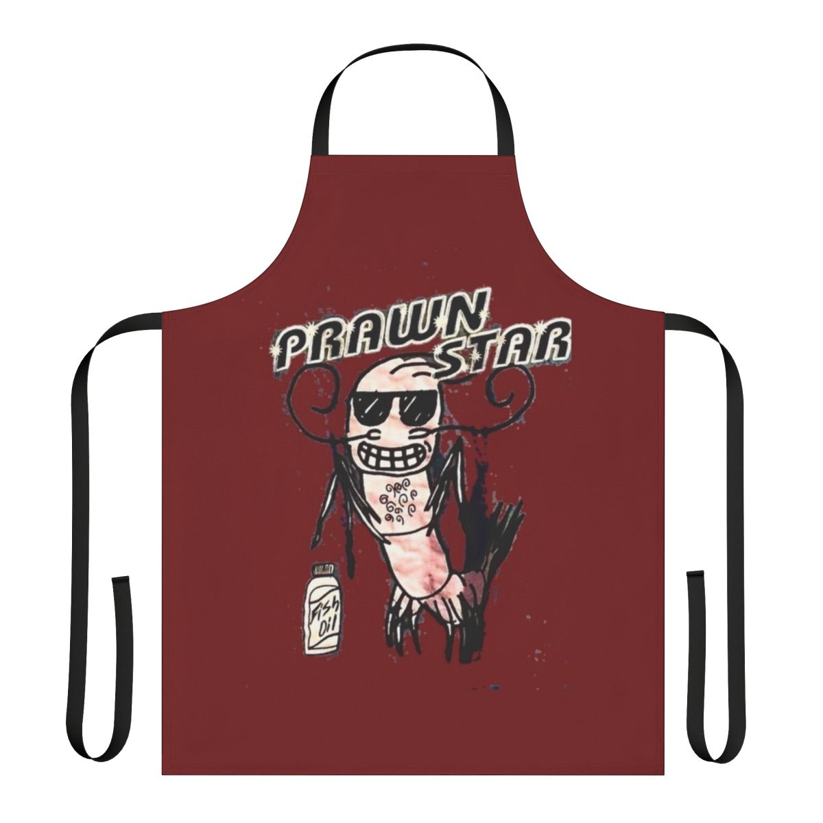 A colorful apron featuring a whimsical prawn design, perfect for the prawn-loving home cook.