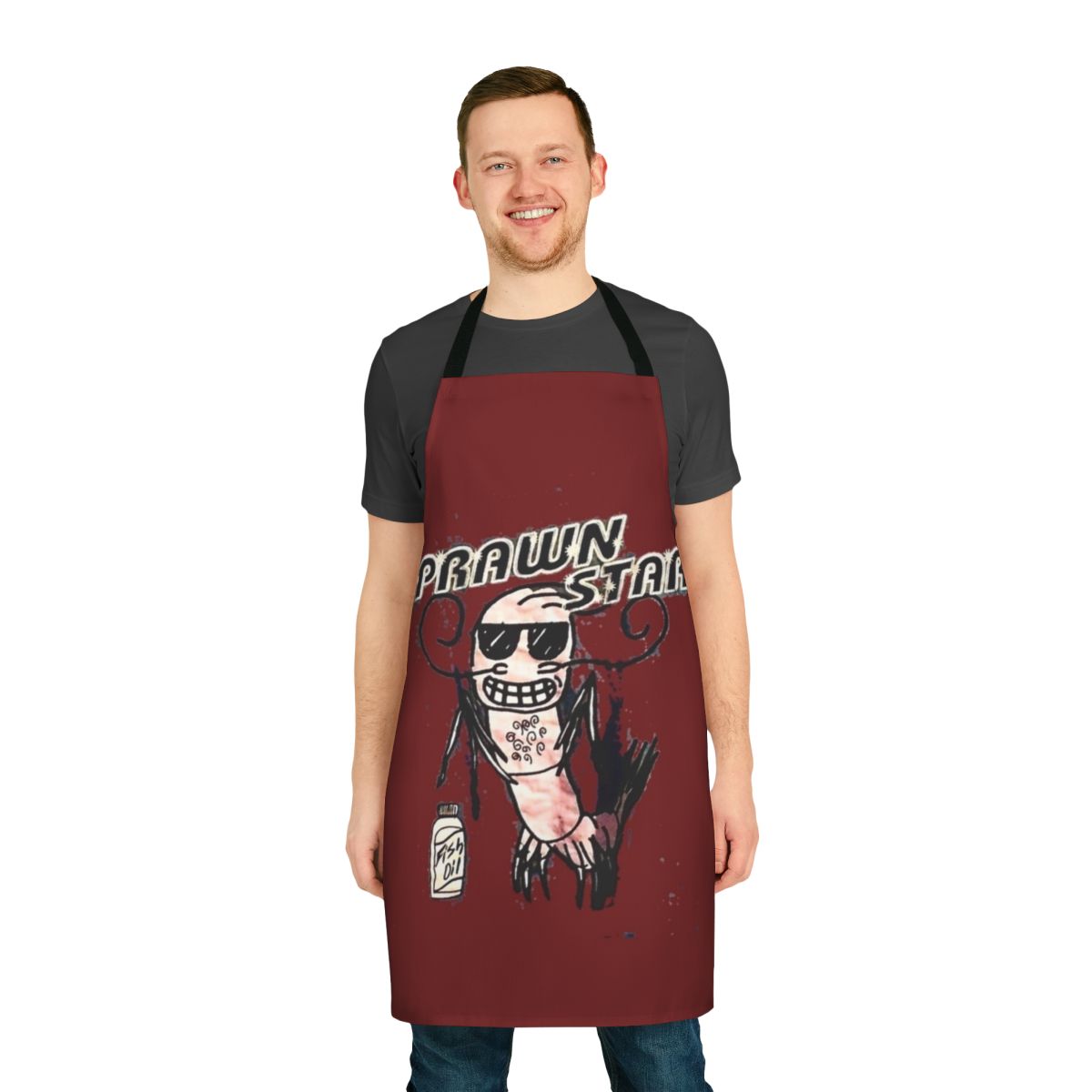 A colorful apron featuring a whimsical prawn design, perfect for the prawn-loving home cook.