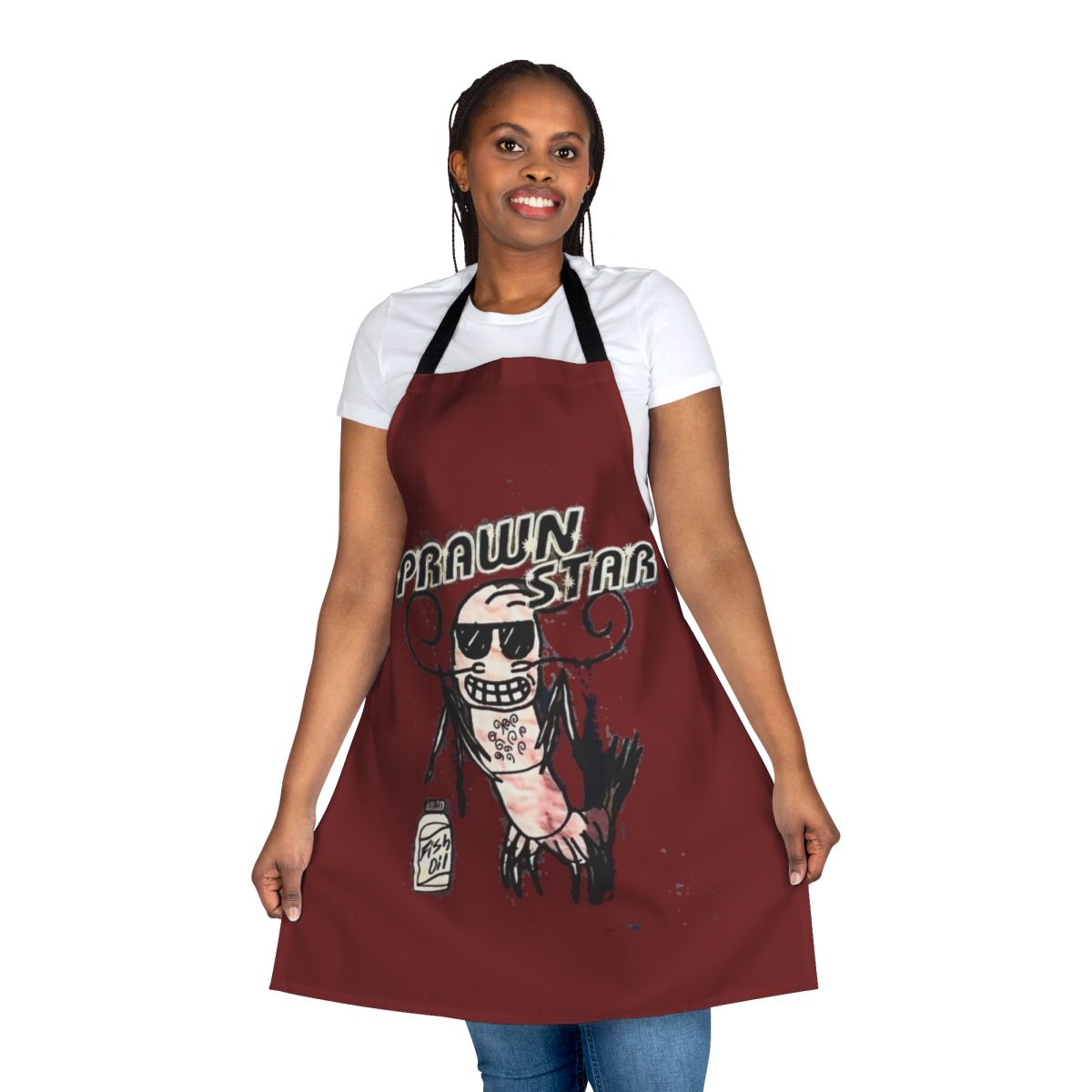 A colorful apron featuring a whimsical prawn design, perfect for the prawn-loving home cook.