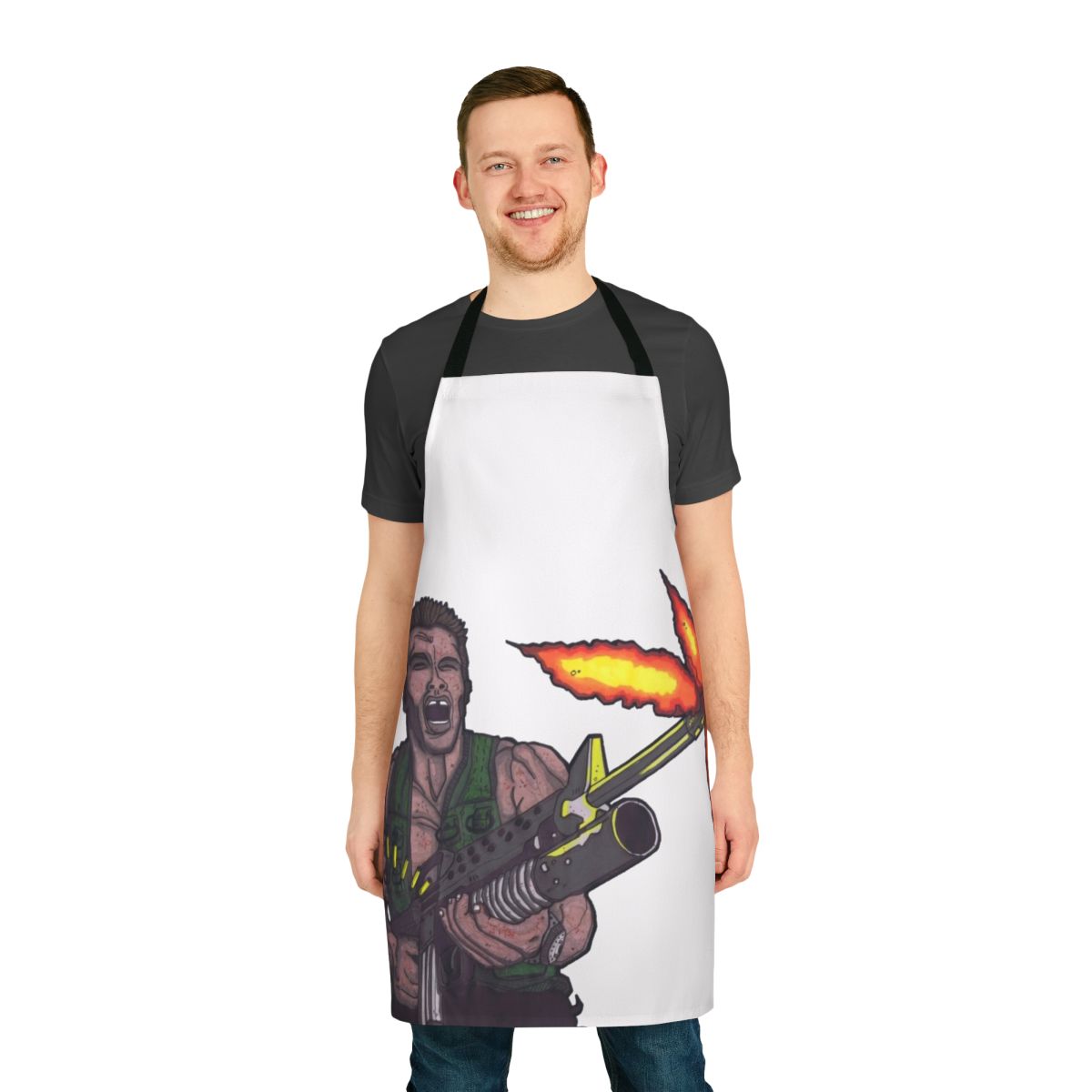 Predator-themed apron featuring a Dutch-style design inspired by the iconic 1987 action movie