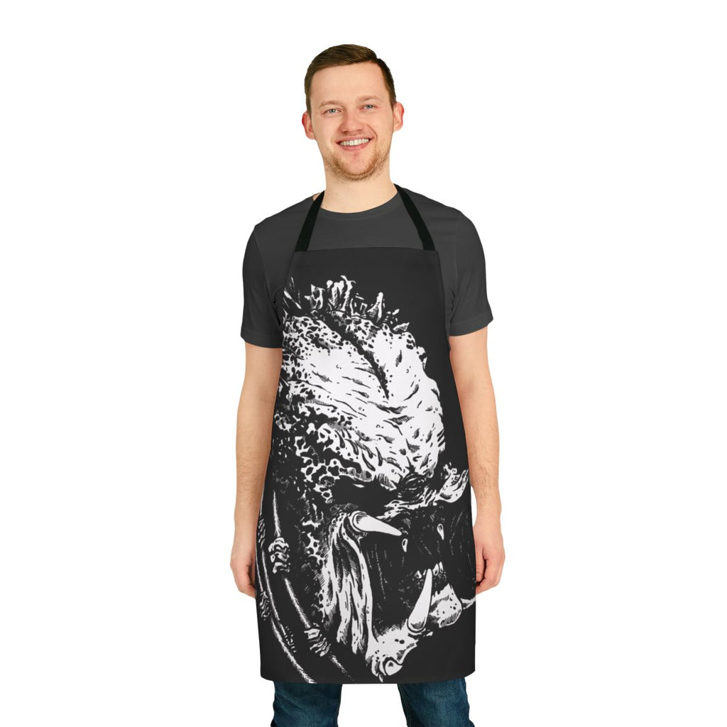 Predator-inspired horror apron with 80s movie references