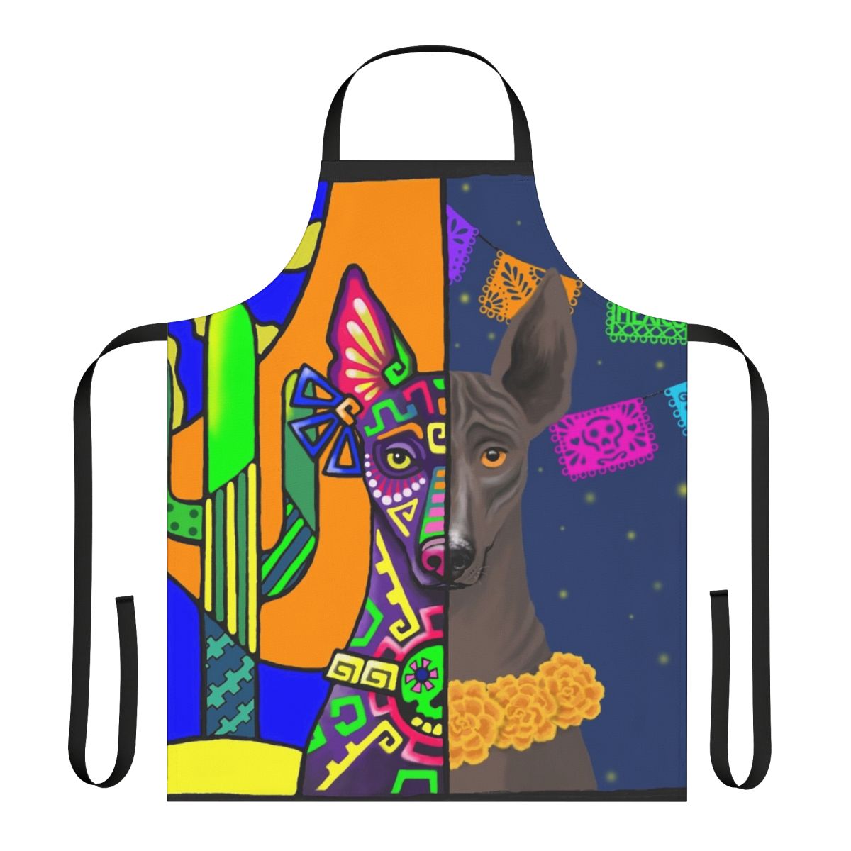 Prehispanic xolo-inspired decorative apron featuring the Mexican hairless dog breed