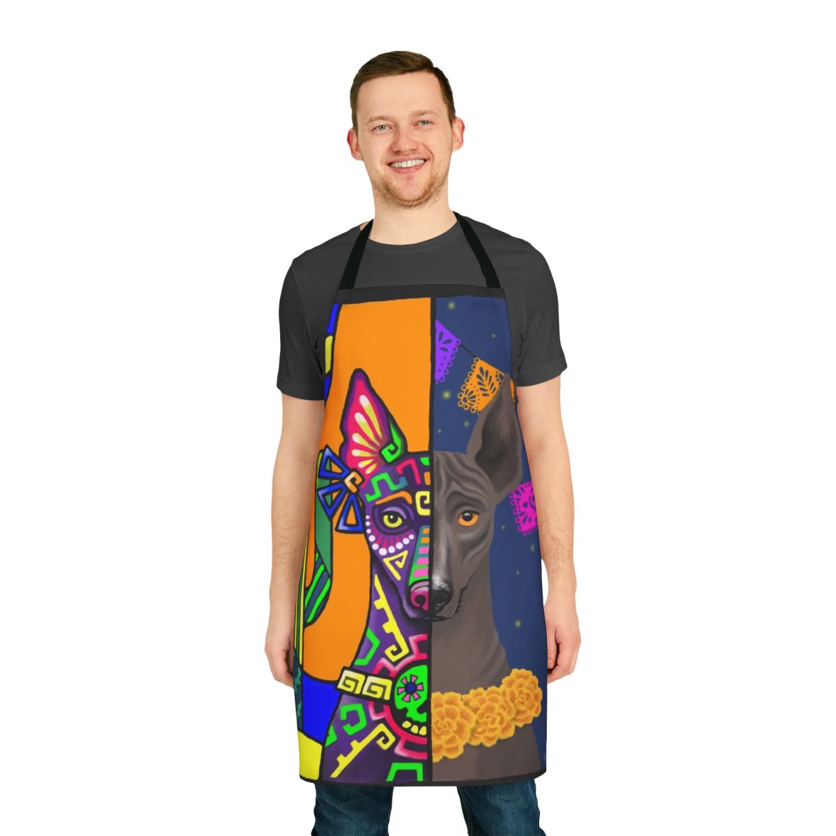 Prehispanic xolo-inspired decorative apron featuring the Mexican hairless dog breed