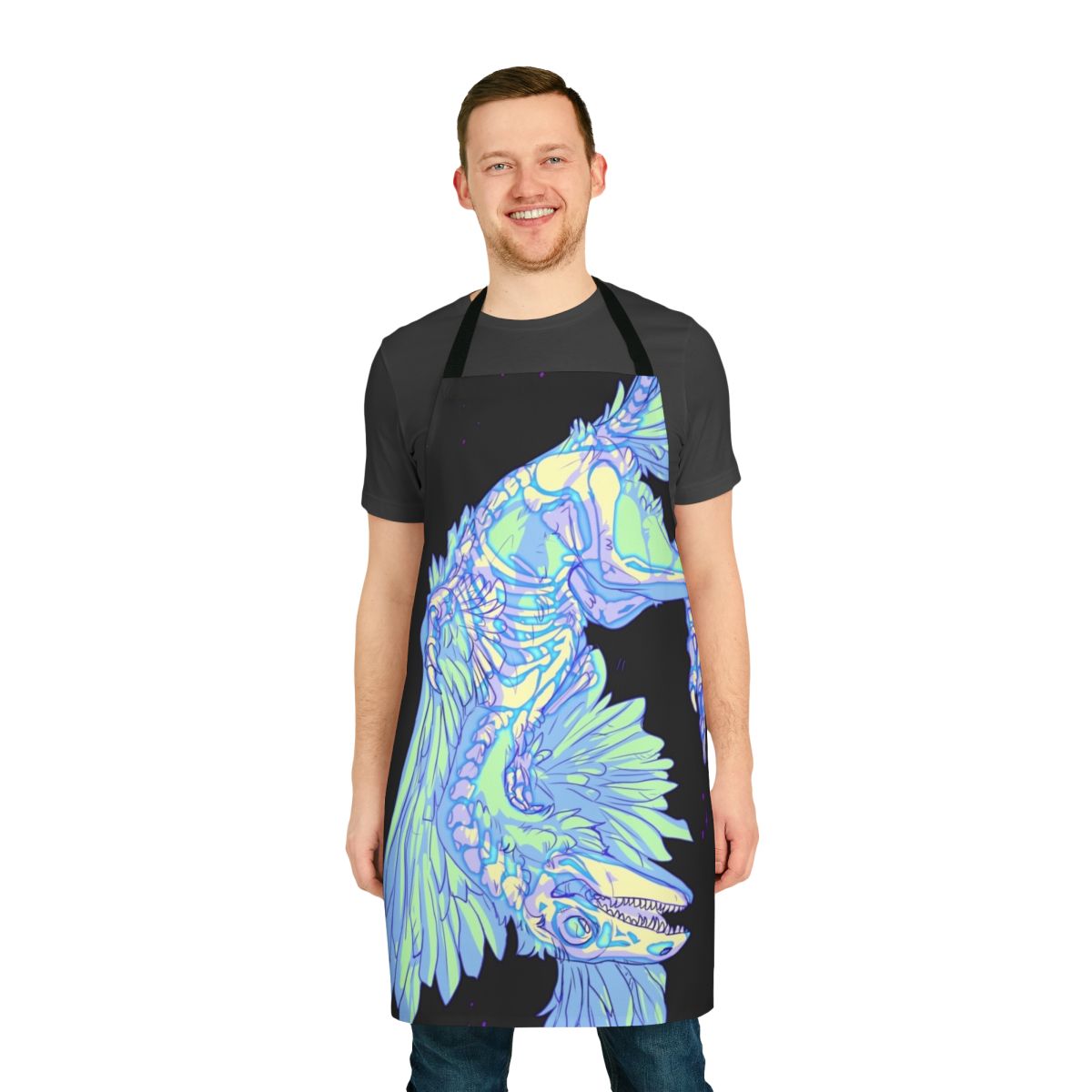 Glowing archaeopteryx dinosaur design on a kitchen apron